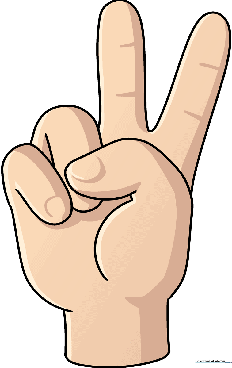 A vibrant, finished drawing of a hand making a peace sign gesture.