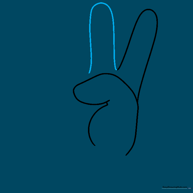 Drawing the middle finger parallel to the index finger to form the V-shape.