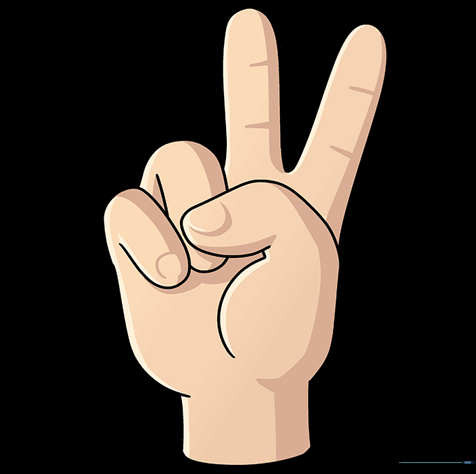 The finished, colored drawing of a hand making a peace sign.