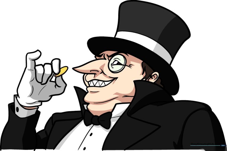 A high-quality, finished drawing of The Penguin from Batman, showcasing his iconic top hat and monocle.
