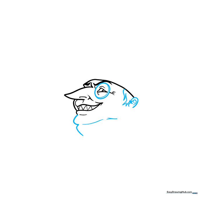 Drawing the monocle over one eye and adding the jagged hair and ear details.