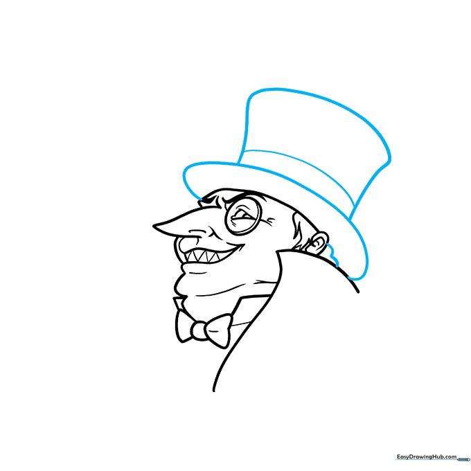 Sketching the top hat with a brim and hat band on top of The Penguin's head.