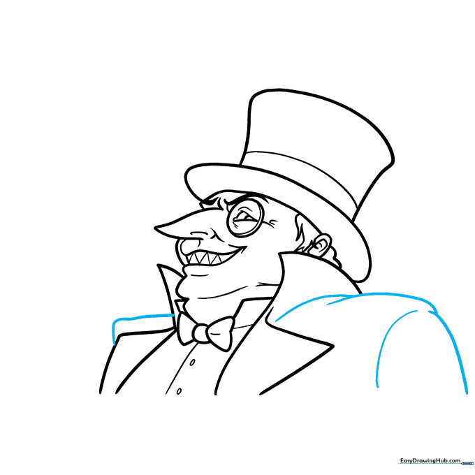 Drawing the shoulders and upper sleeve outlines of the suit jacket.