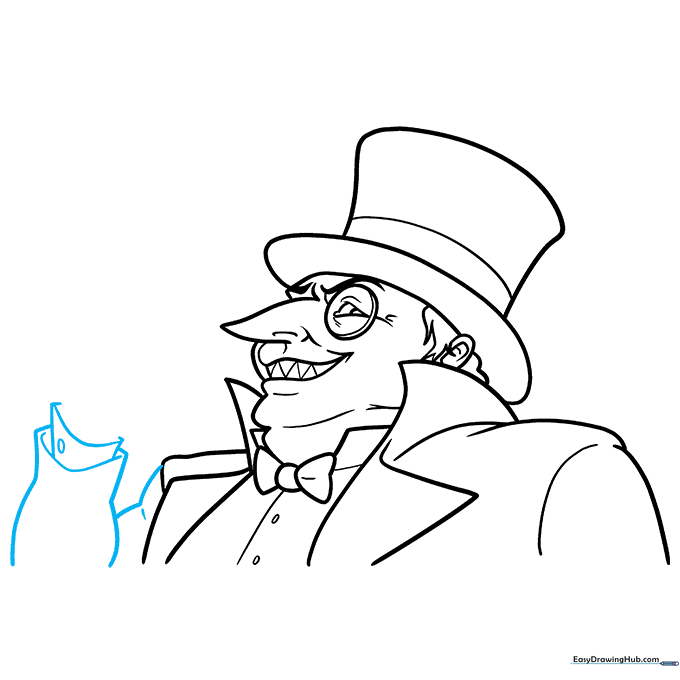 Drawing the bent arm and cuff detail of The Penguin's suit.