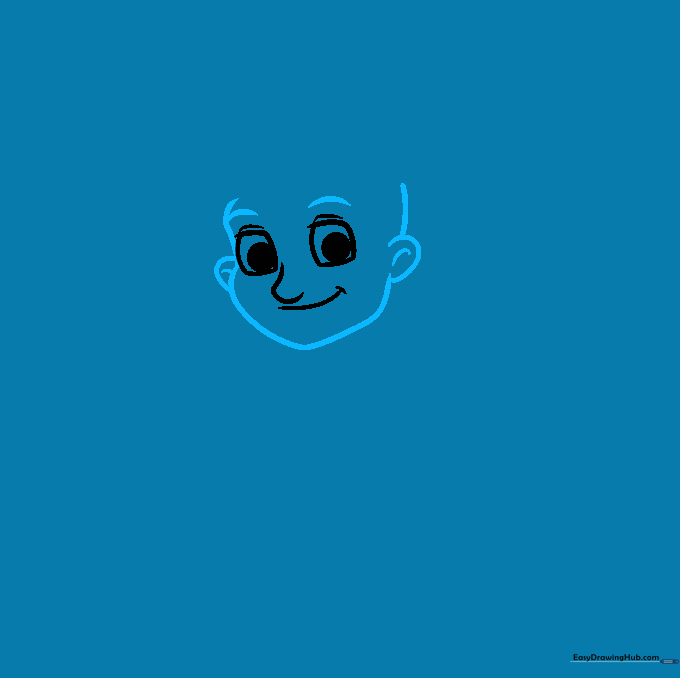 Drawing the outline of the head, ears, and eyebrows for the police officer character.