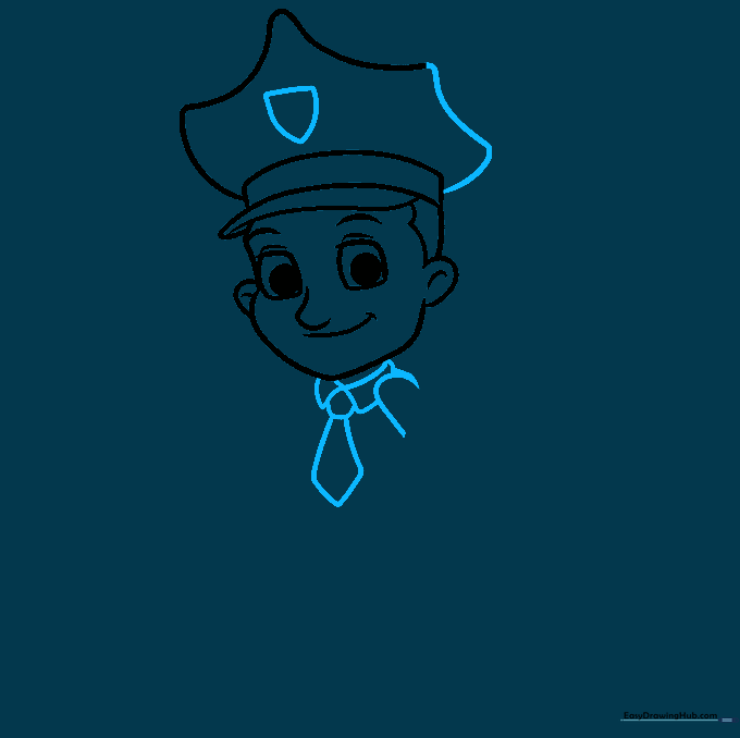 Sketching the police uniform collar, necktie, and the front of the hat.
