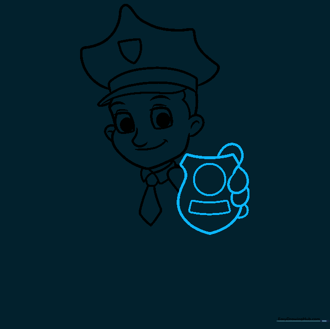 Adding a shield-shaped badge to the uniform and sketching the hand holding it.