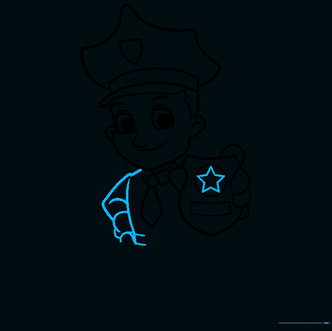 Drawing a star on the badge and outlining the officer's torso and arm.