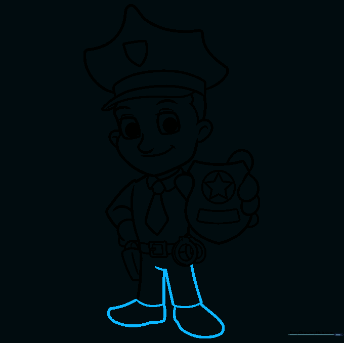 Finalizing the outline of the police officer's pants and shoes.