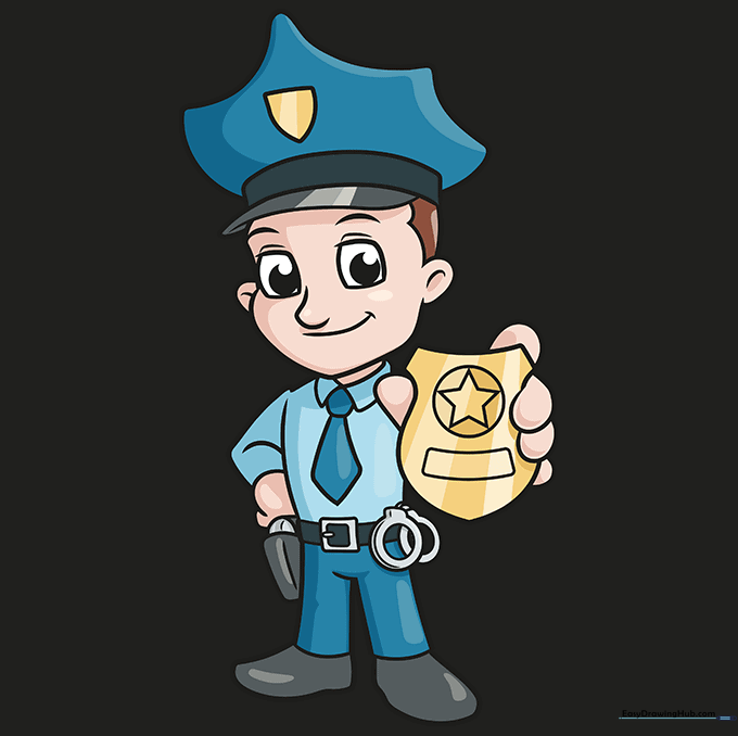 The completed, colored cartoon police officer illustration.