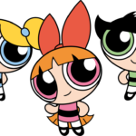 The Powerpuff Girls standing together, fully colored and outlined.