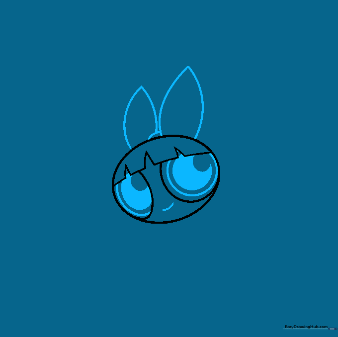 Blossom's face with large eyes, pupils, a smile, and a hair bow.
