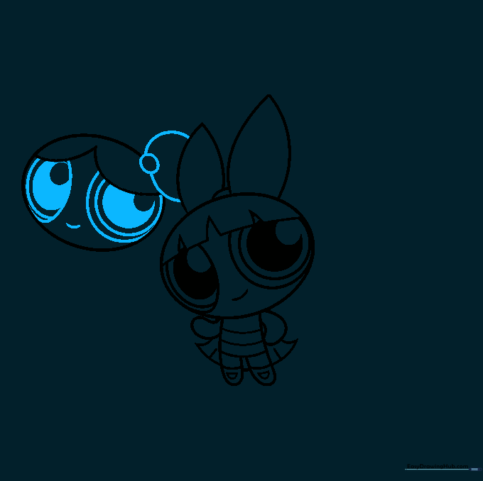 Bubbles' face with pigtails and hair ties added.