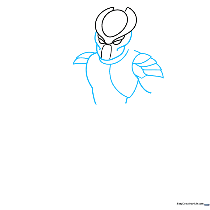 Drawing the shoulder and neck area using teardrop and curved geometric shapes.