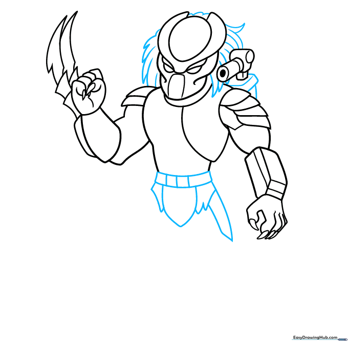 Adding the Predator's dreadlocks and waist belt using sketchy, flowing lines.