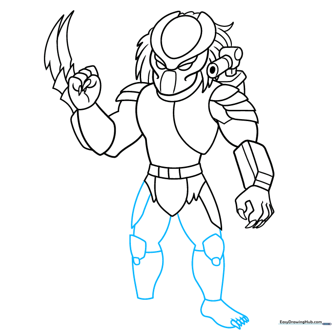 Sketching the legs and kneepads using vertical lines and curved shapes.