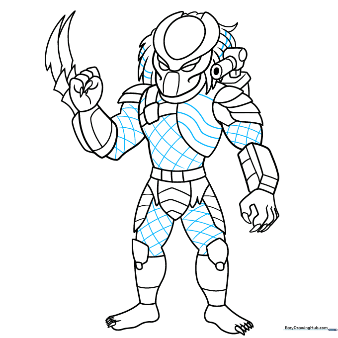 Finalizing the drawing with ink, including the net-like pattern on the body.