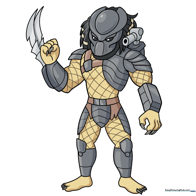 Finished Predator drawing colored with tan, brown, and metallic gray tones.