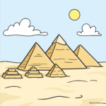 Colorful, finished drawing of the Pyramids of Giza under a bright sun.