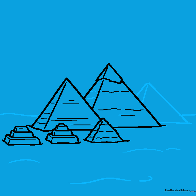 Completed landscape sketch with horizon line, ground texture, and all pyramids in place.