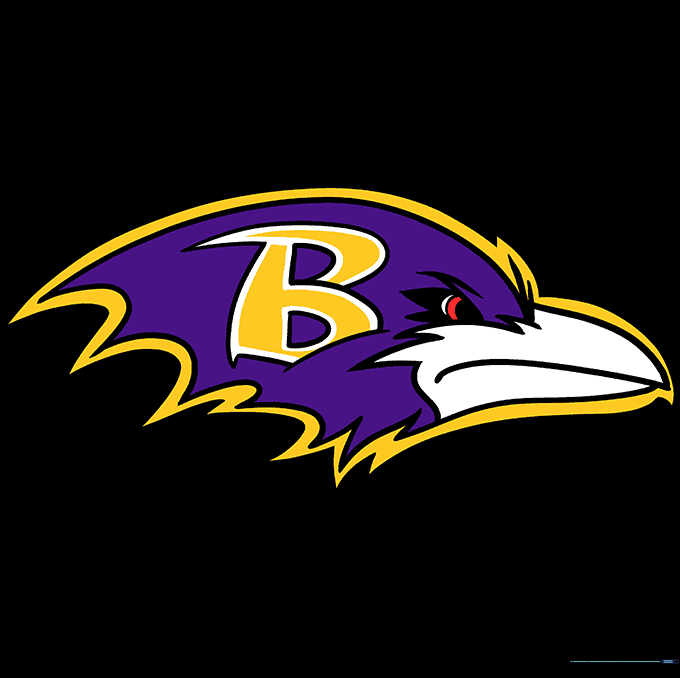 The finished, colored Ravens logo featuring purple feathers and a yellow B.