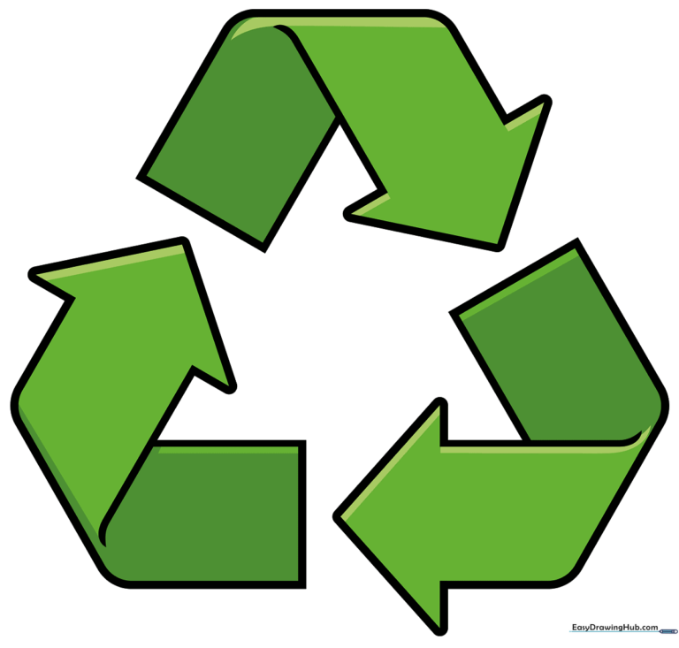A vibrant, finished drawing of the recycling symbol, perfect for environmental education.