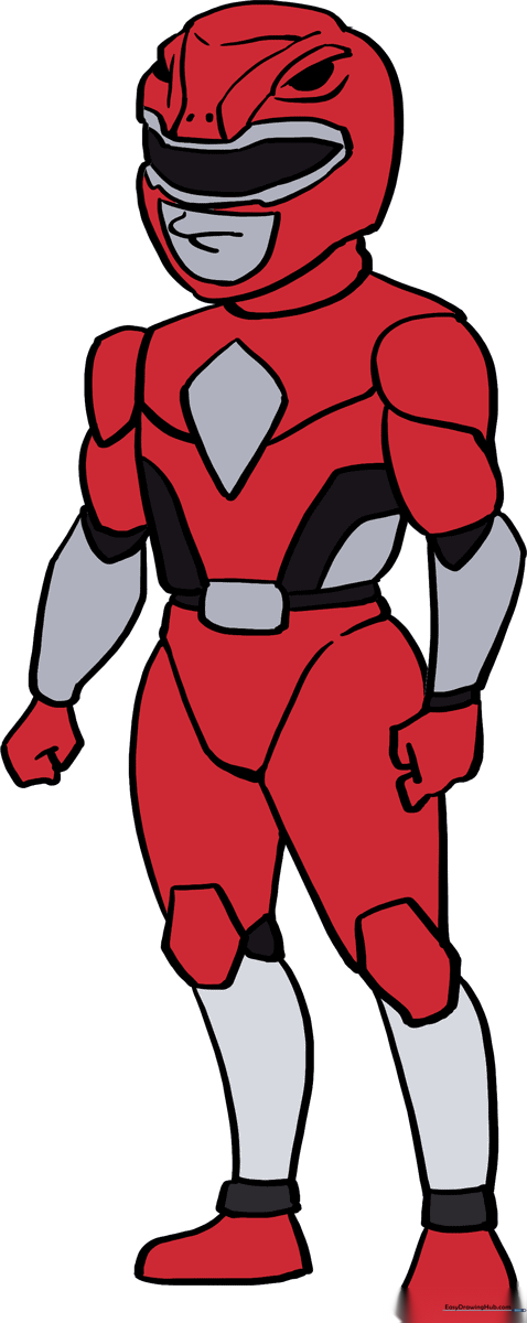 A vibrant, completed illustration of the Red Ranger, ready for coloring.
