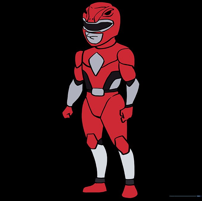 The finished, colored Red Ranger drawing, showing the final vibrant look.