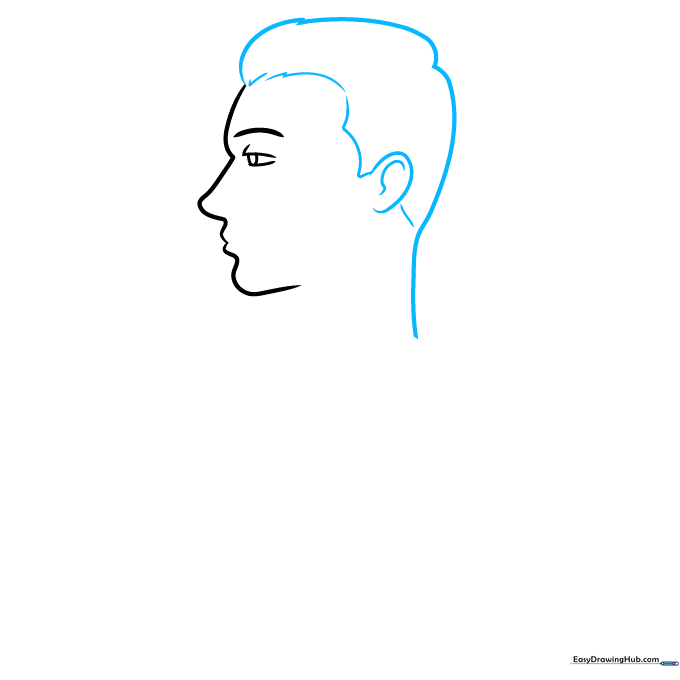 Drawing the back of the head, ear, and hair using jagged lines for texture.