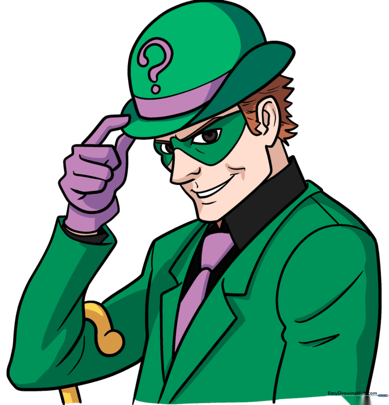 Finished, colored drawing of The Riddler from Batman, showcasing his green suit and iconic question mark hat.