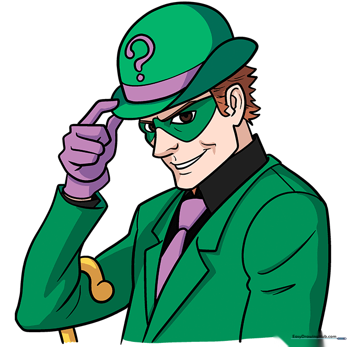Final colored illustration of The Riddler in his signature green suit and purple accents.
