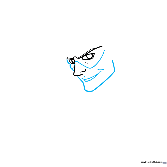 Pencil outline of The Riddler's face shape and mask, showing the jawline and mouth placement.