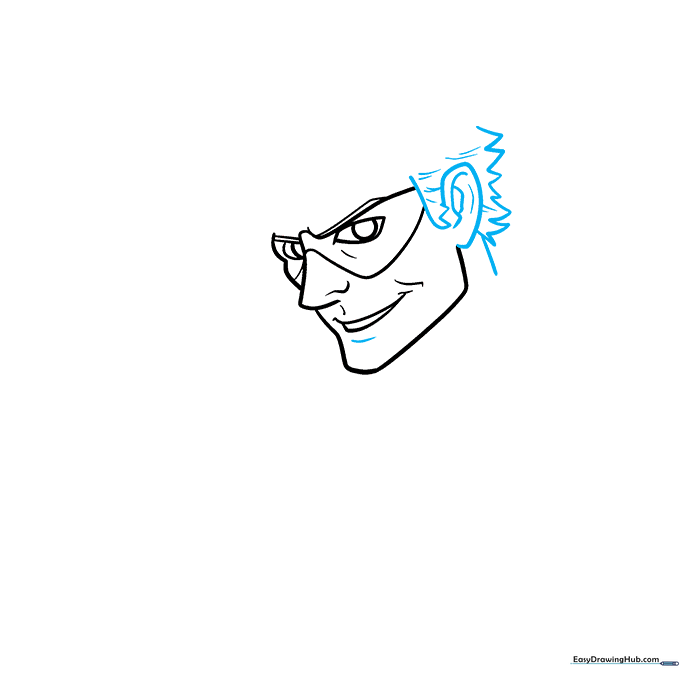 Pencil drawing showing the addition of spiky hair and an ear to The Riddler's head.