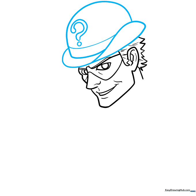 Pencil sketch of The Riddler wearing a bowler hat with a prominent question mark symbol.