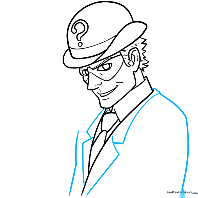 Pencil sketch showing the addition of suit lapels and the start of the jacket structure.