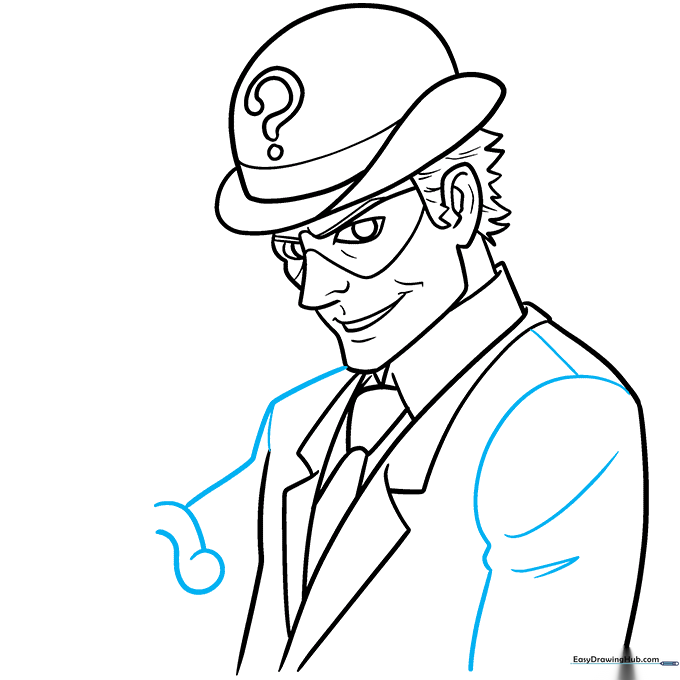 Pencil sketch of the suit sleeves and the curved handle of The Riddler's cane.