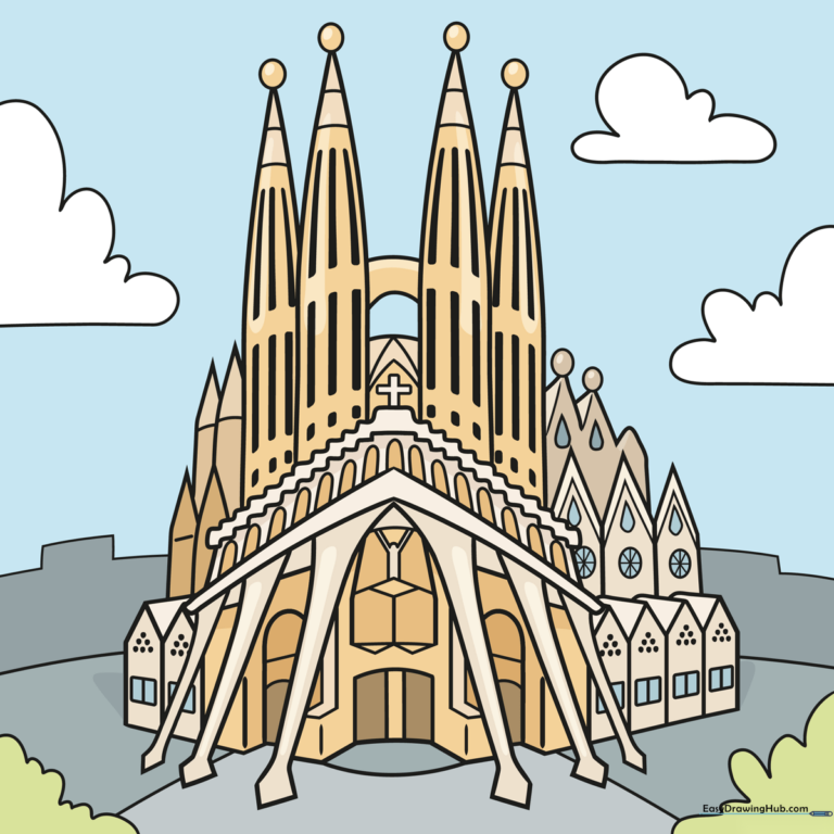 A completed, colorful, and detailed drawing of the Sagrada Familia church.