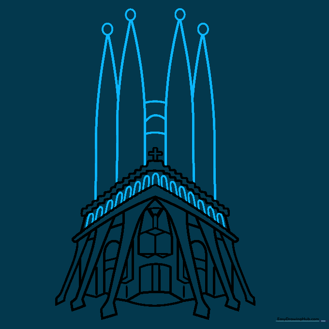 Sketching the tall, slender spires of the Sagrada Familia.