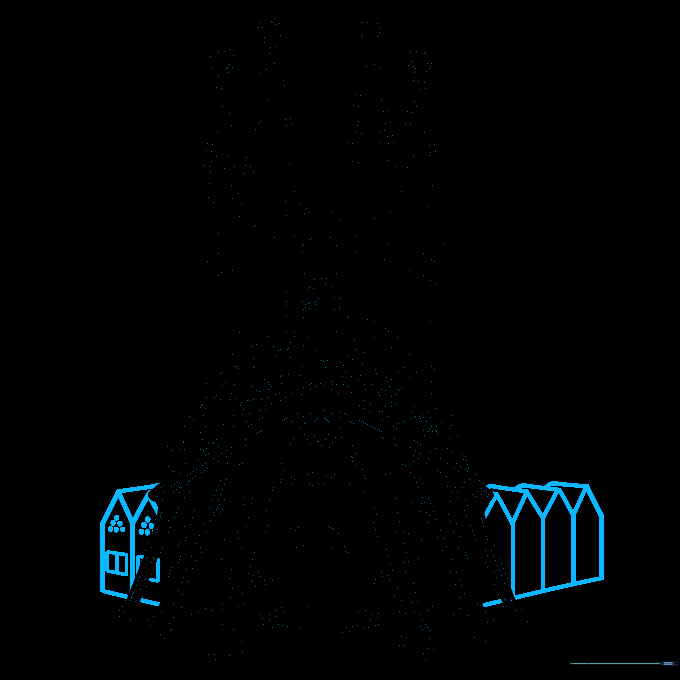Drawing the side wings of the church to add architectural scale.