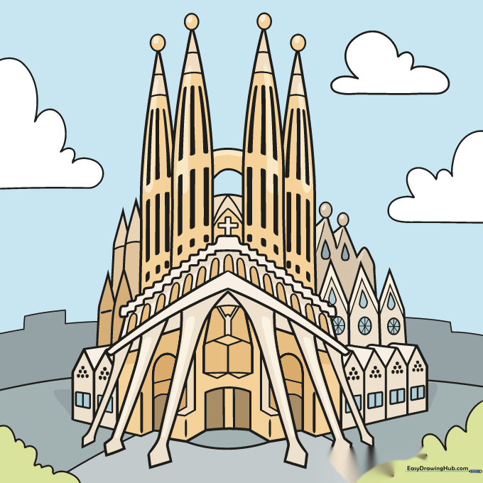 Finished, colored drawing of the Sagrada Familia church.