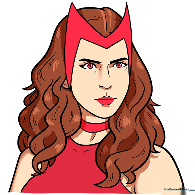 The finished, colored Scarlet Witch drawing with red mask and brown hair.