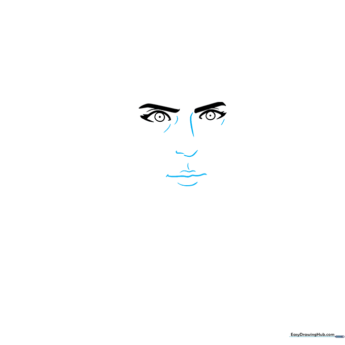 Detailed sketch of the nose and lips added to the existing eye structure.