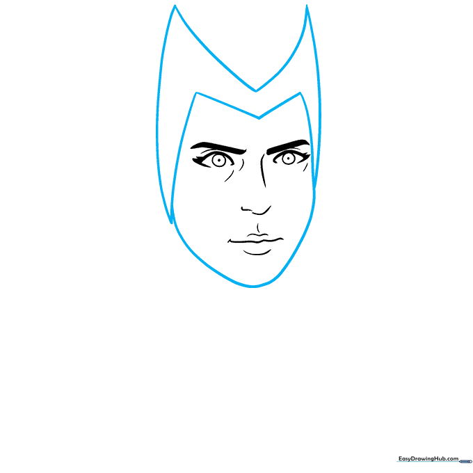 Sketch of the Scarlet Witch mask framing the face and chin.
