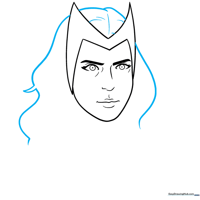 Adding flowing hair sections around the mask and forehead.