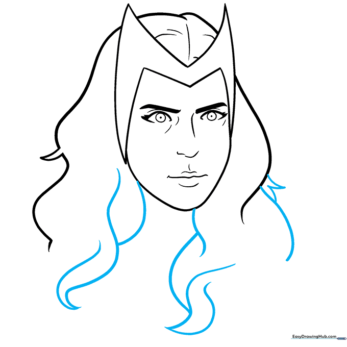 Expanding the hair drawing with longer, layered locks.