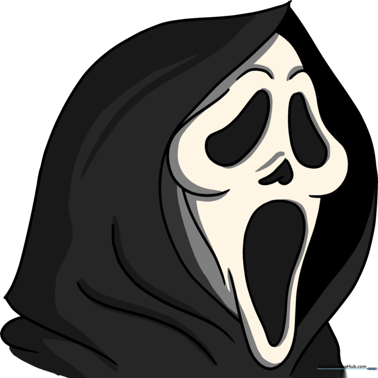 A high-quality, finished illustration of the Scream mask, showcasing clean lines and bold colors.