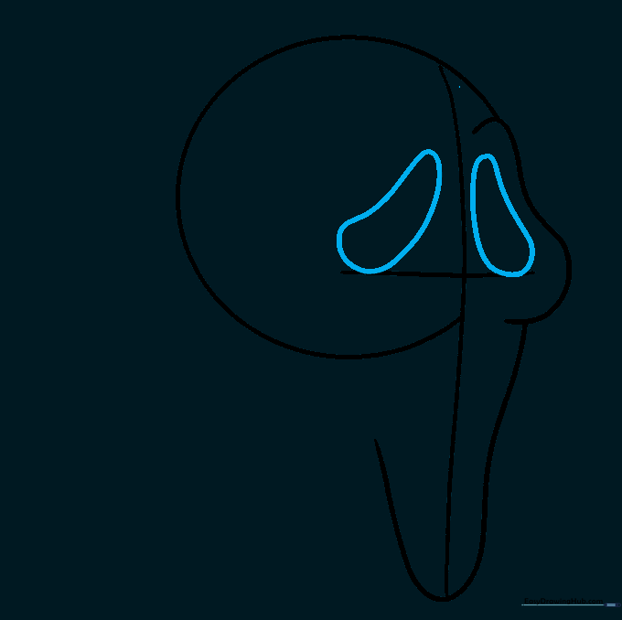 Two irregular eye shapes drawn on the mask face with guidelines partially erased.