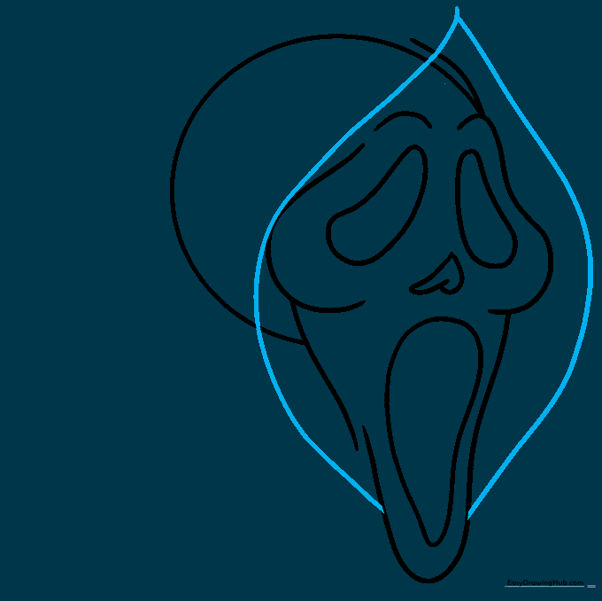 A large teardrop-shaped outline surrounding the mask face to represent the hood.