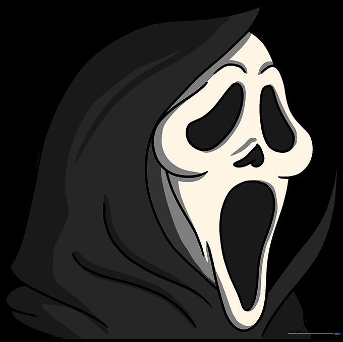 The finished drawing colored with a white mask and black hood.
