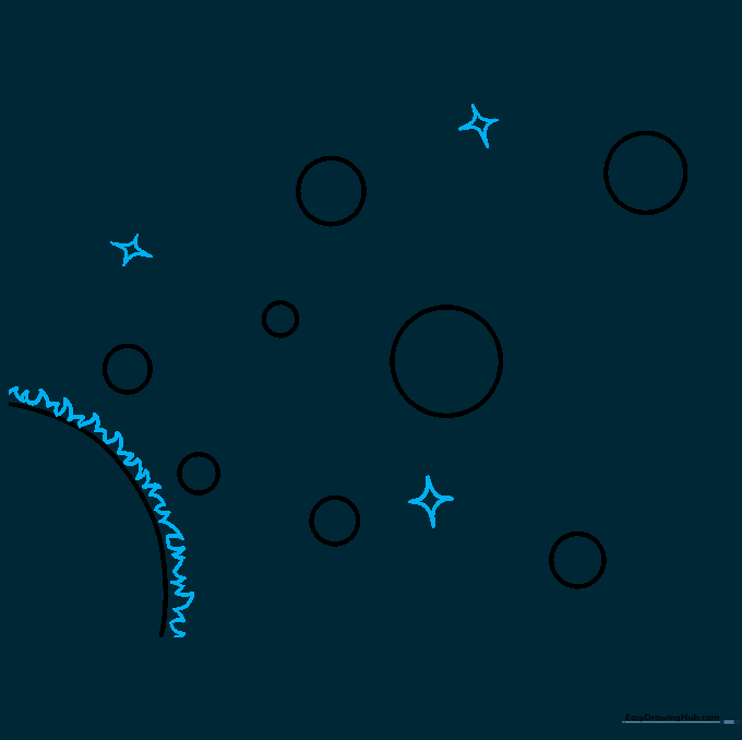 Adding jagged solar flares to the Sun and small four-pointed stars in the background.
